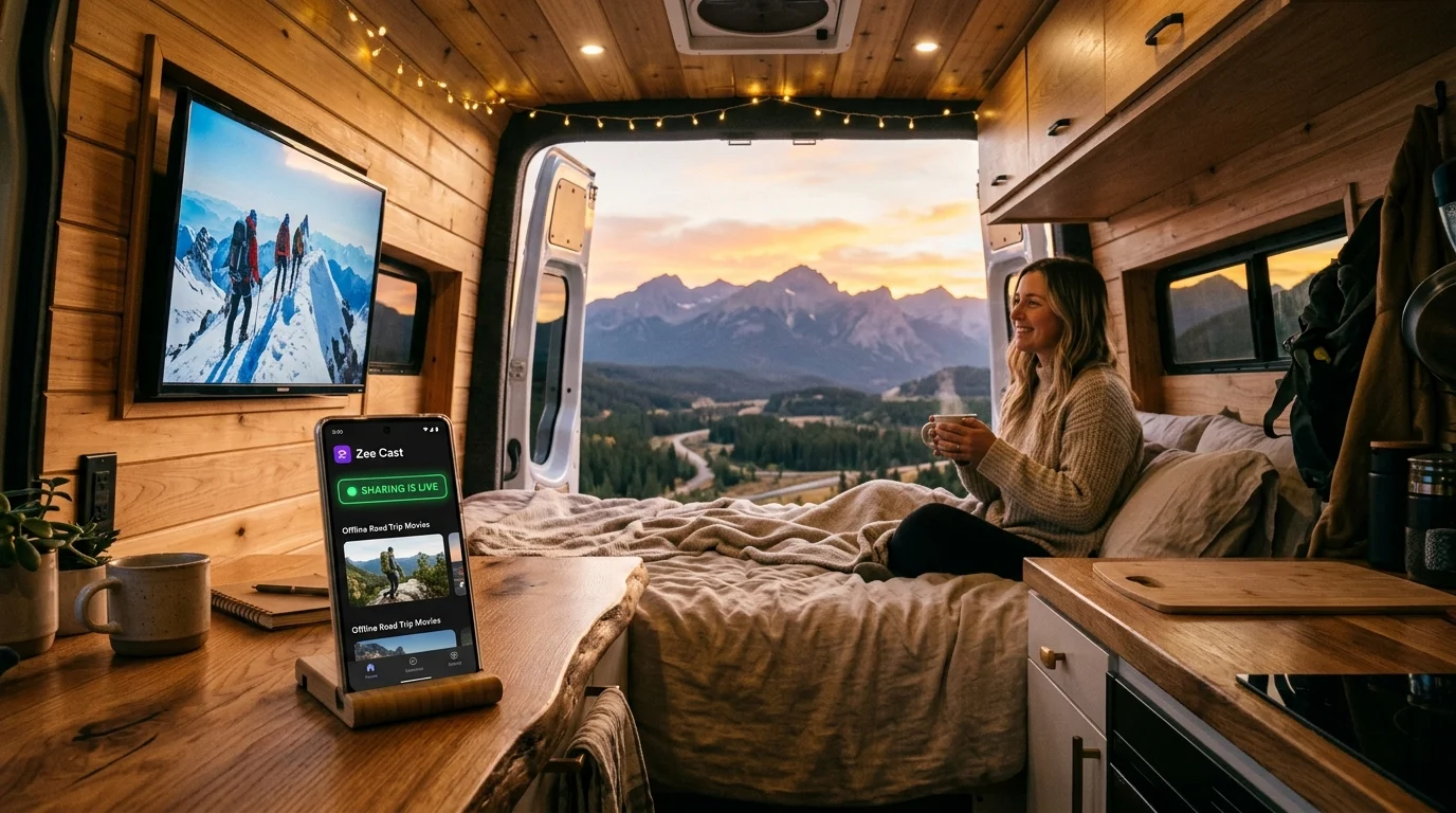 Streaming offline road trip movies from smartphone to campervan TV with Zee Cast