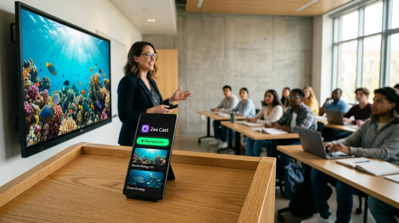 Educator streaming lesson media to an interactive smartboard display using Zee Cast