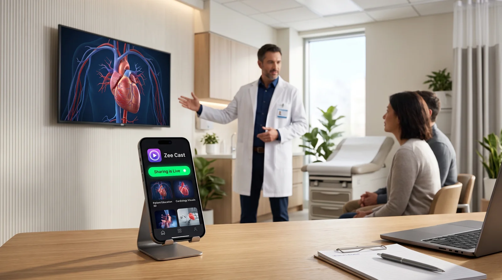 Doctor presenting medical education and 3D anatomy visuals on consultation room display using Zee Cast