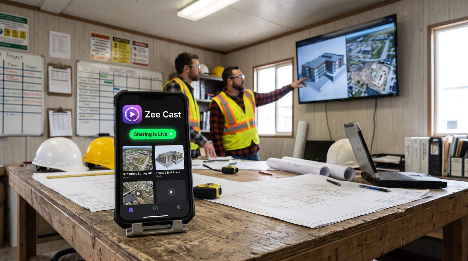 Engineers reviewing 3D BIM models and aerial drone surveys in jobsite field office trailer with Zee Cast