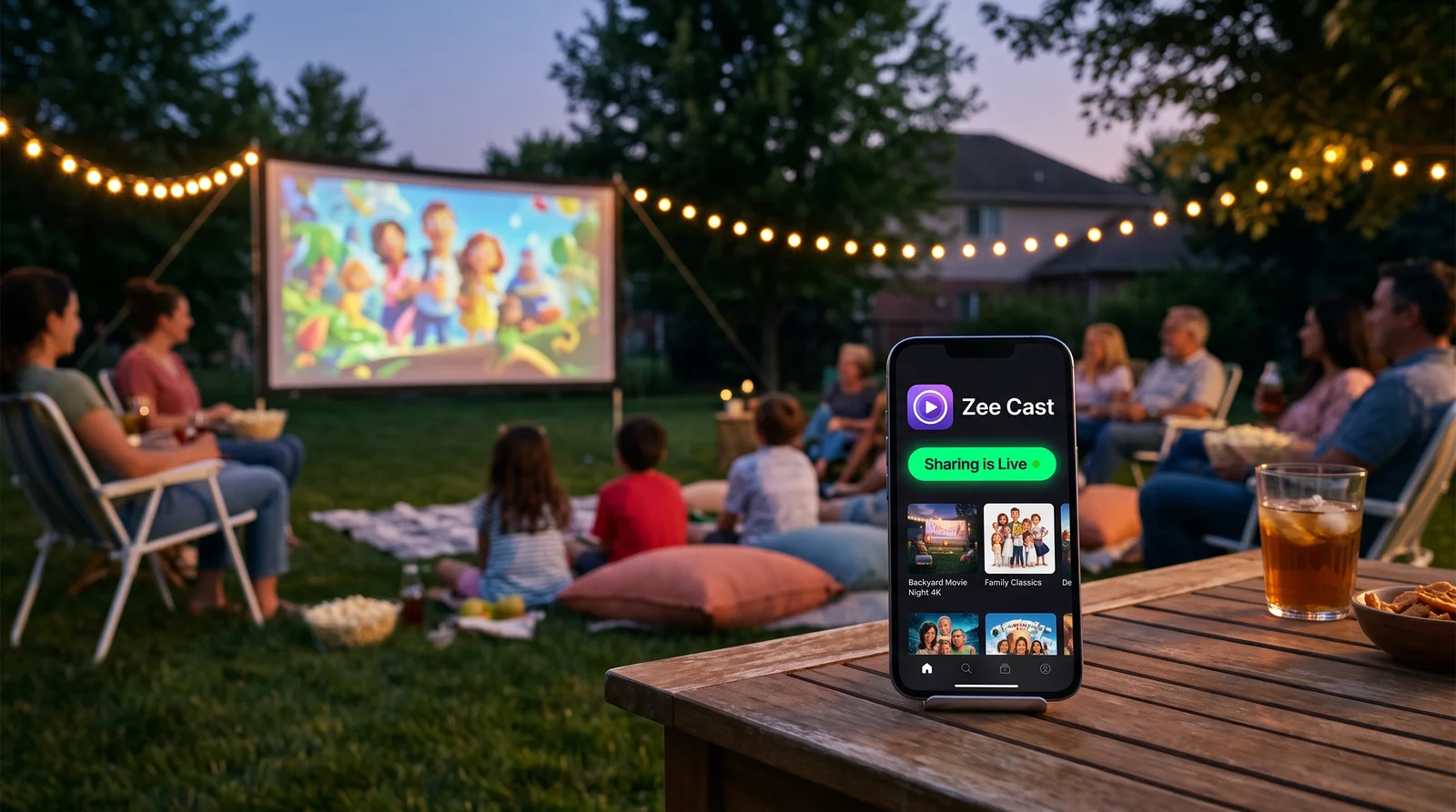 Outdoor backyard movie night streaming 4K family films to a portable projector screen with Zee Cast