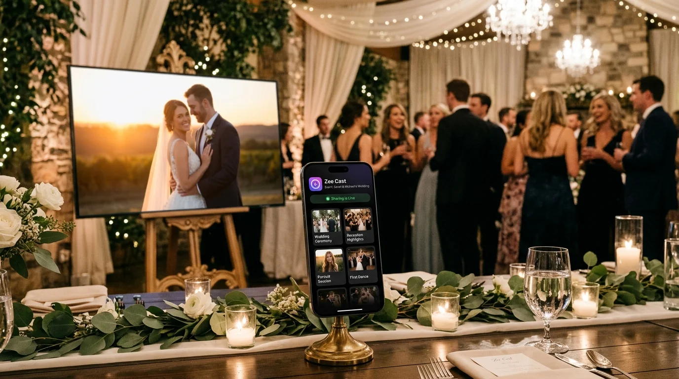 Displaying celebratory photo slideshows and video reels on big screens using Zee Cast