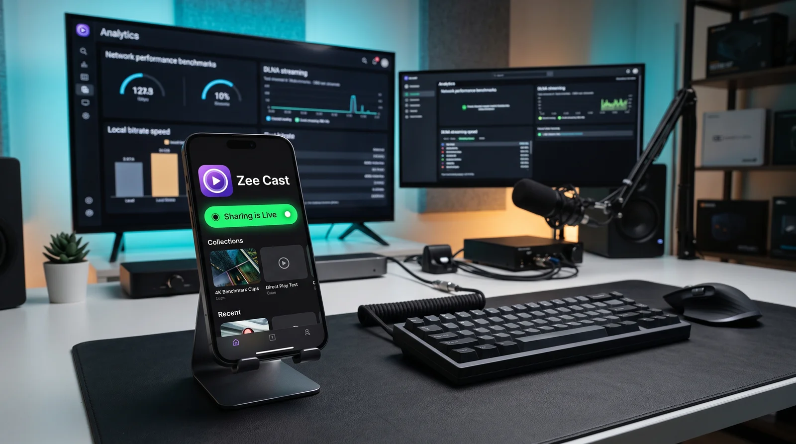Zee Cast direct play streaming protocol benchmarks and low-latency diagnostic testing in workstation lab