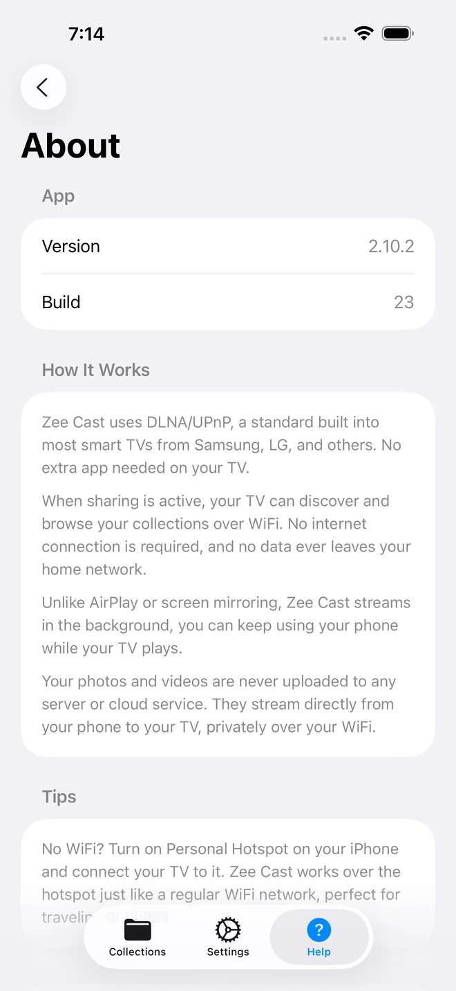 The Zee Cast app's About screen, showing version 2.10.4 and the developer credits