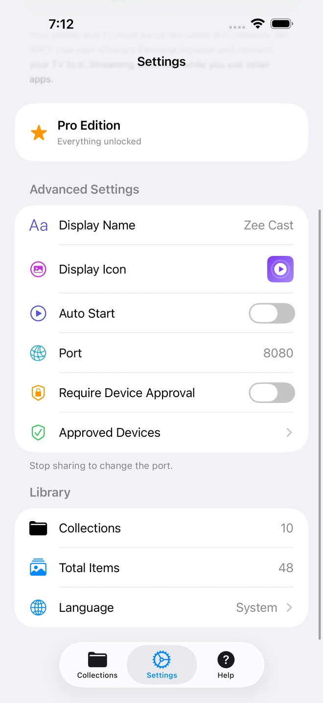 Zee Cast Settings screen showing Display Name, Display Icon, Auto Start, Port 8080 and Require Device Approval under Advanced Settings