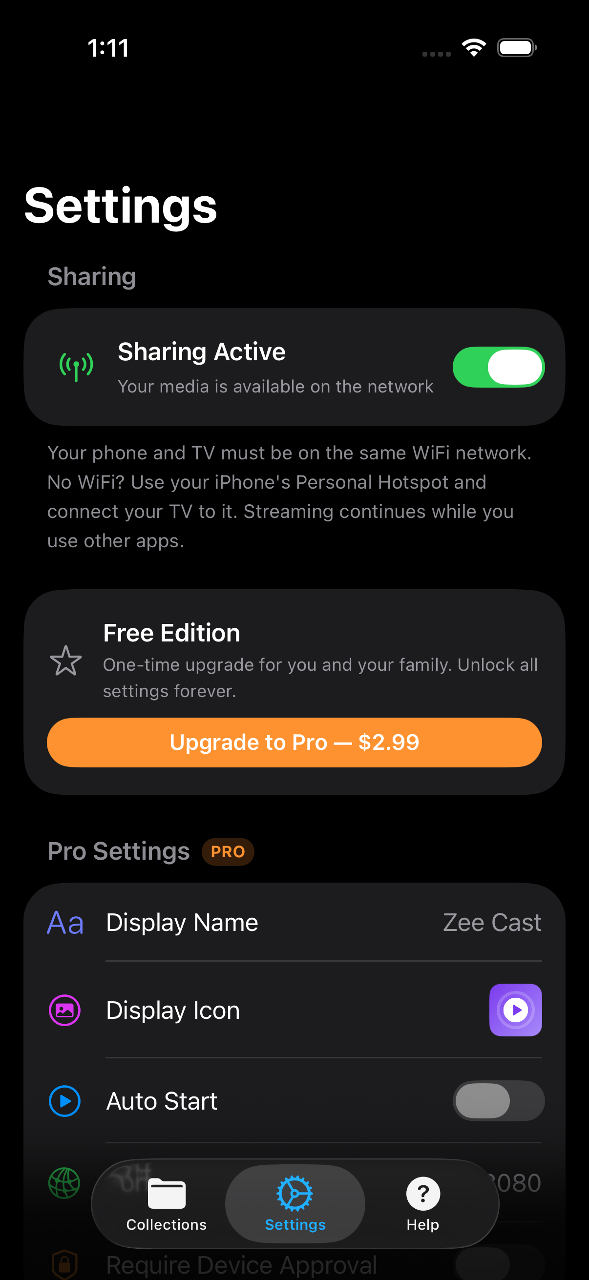 iPhone sharing settings screen in Zee Cast