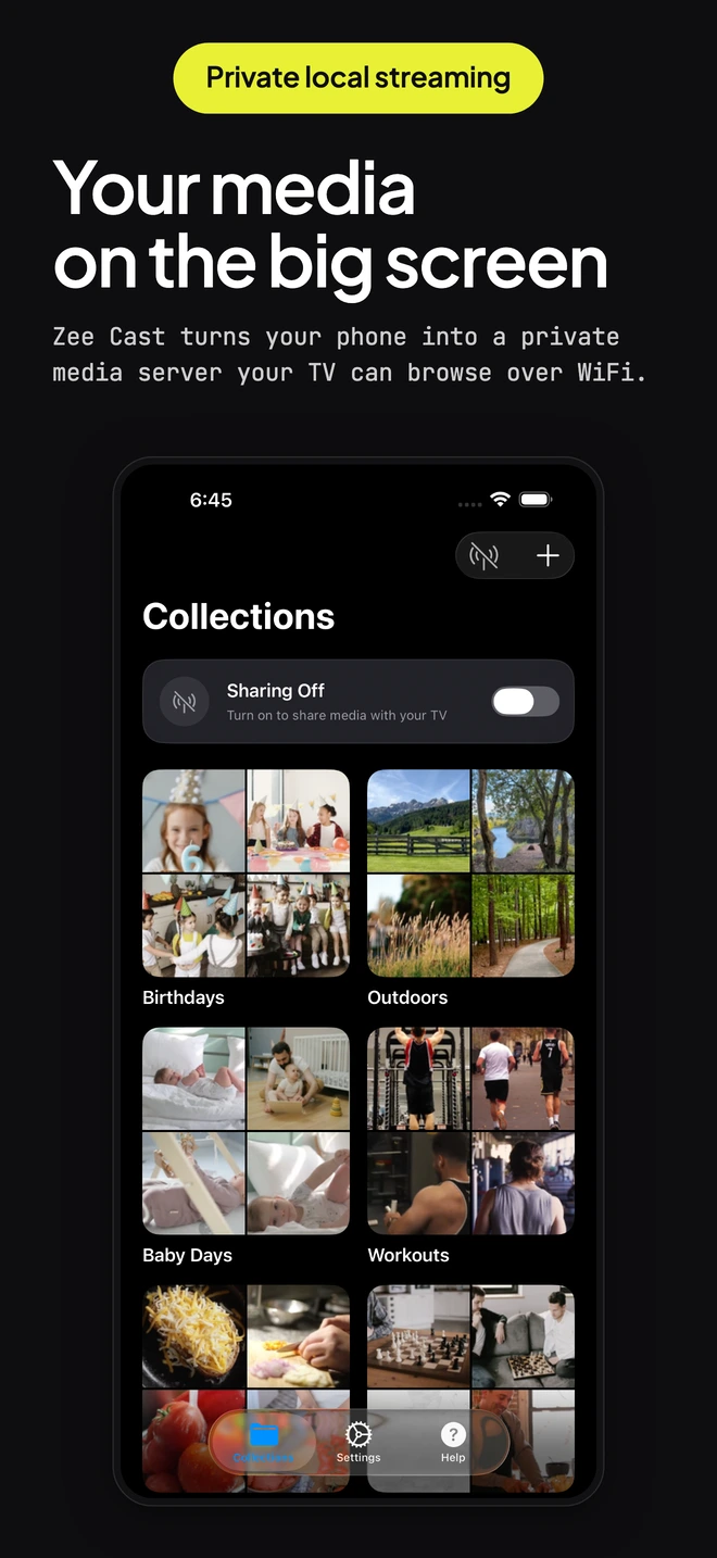 Your media on the big screen. The Zee Cast collections screen listing four collections.