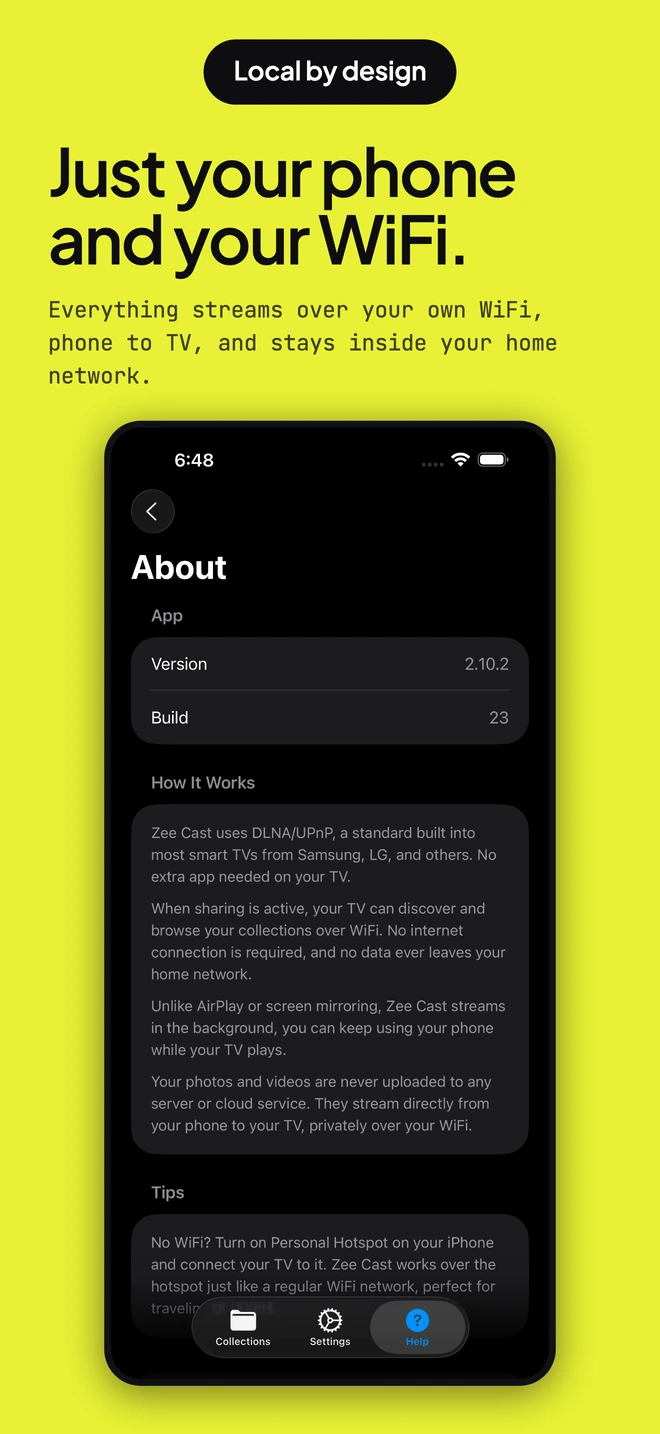 No servers and no accounts. The Zee Cast about screen.