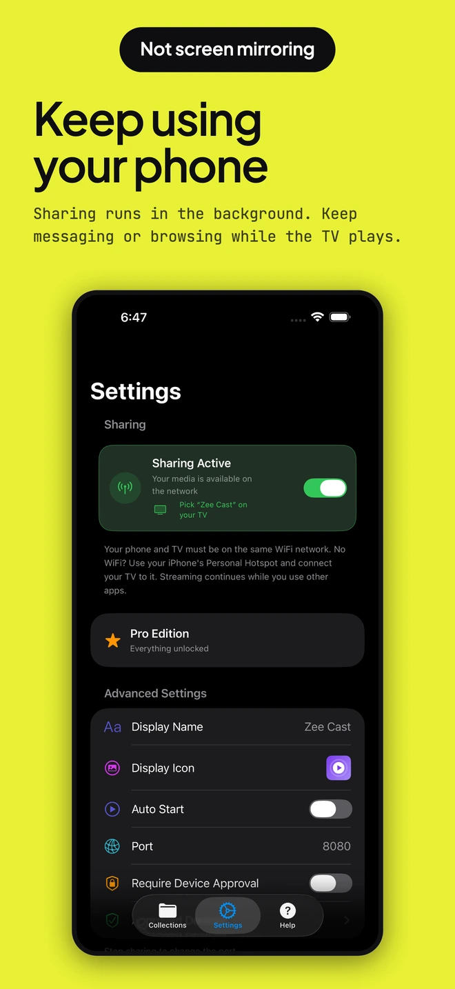Keep using your phone. Sharing runs in the background while the TV plays.