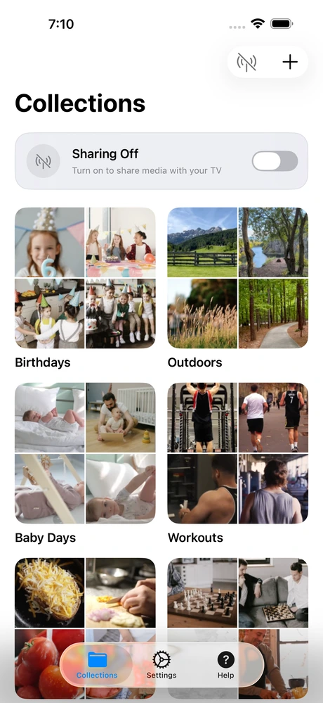The Zee Cast Collections screen on iPhone, sharing off, with four collections ready to share