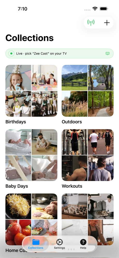 Zee Cast showing Sharing Active on iPhone, with the media available to the TV over WiFi
